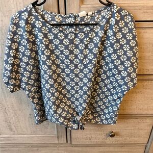 GAP Blue Top with White Floral Print and Front Tie